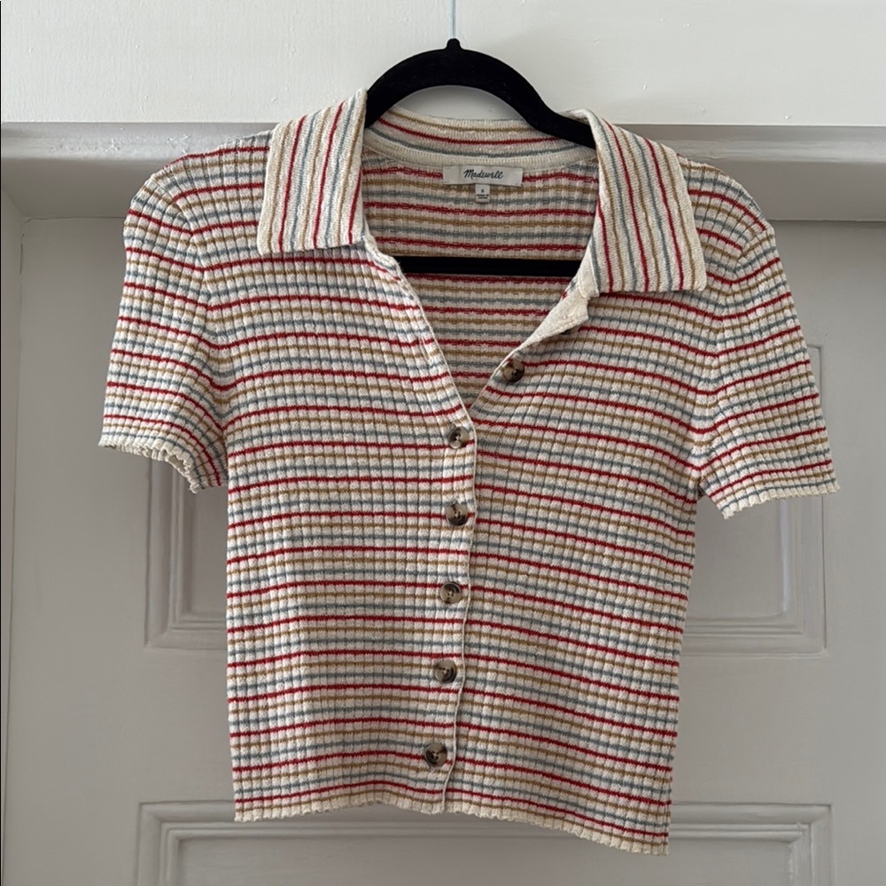 Madewell Red and White Cropped Button Down Shirt